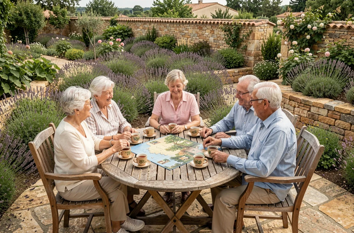 Groupe de seniors participant à une activité en plein air dans un EHPAD à Montpellier