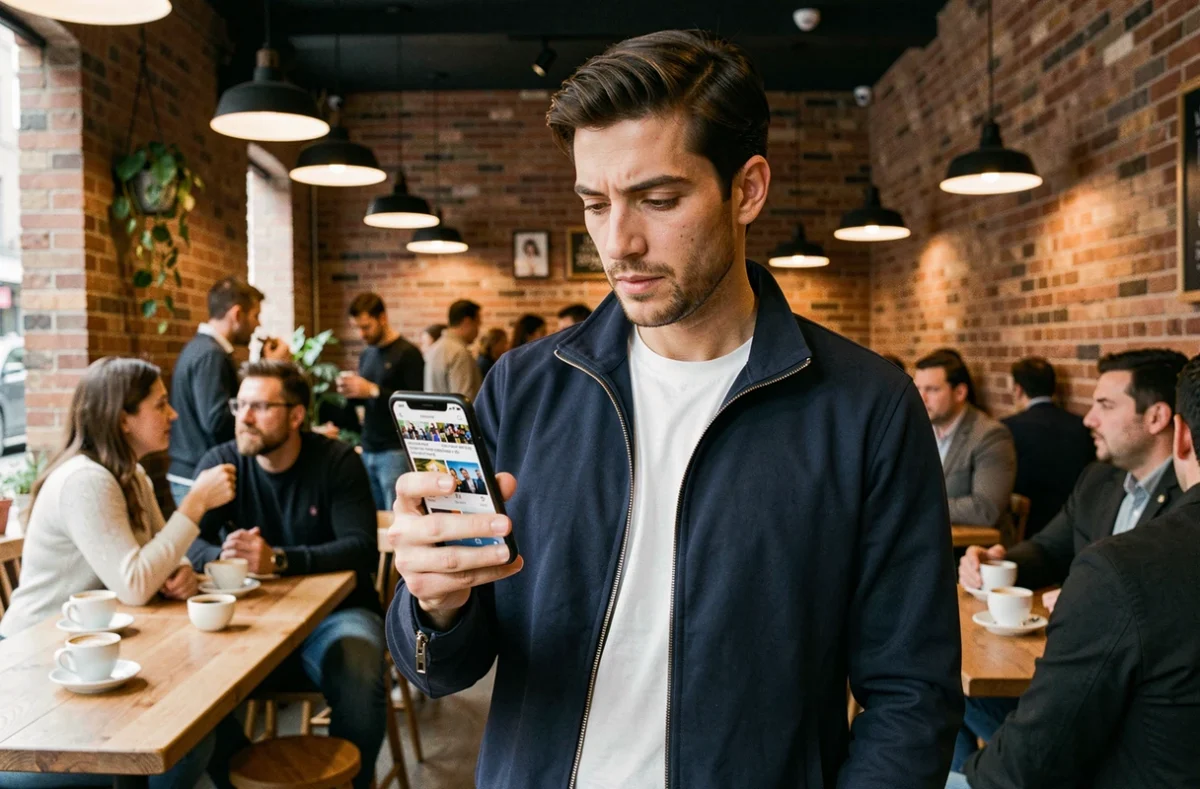 Jeune homme dans un café urbain consultant les actualités incontournables du web sur son smartphone