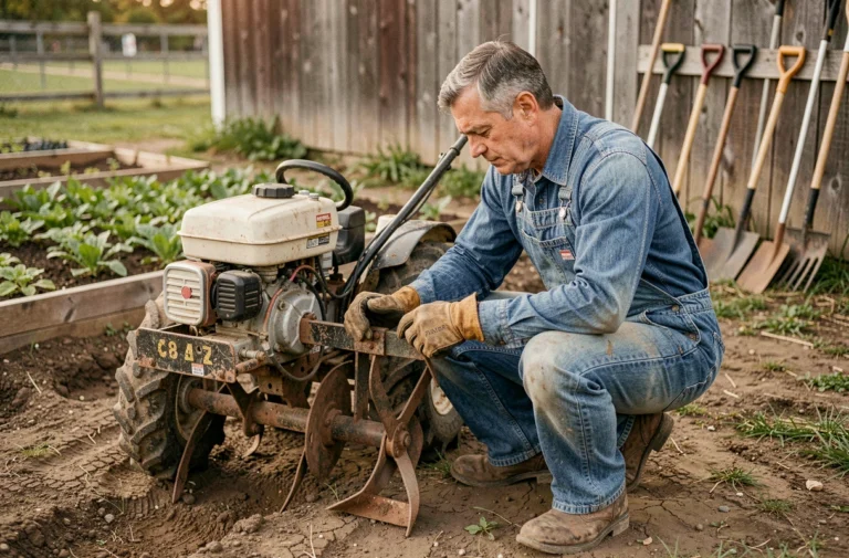 Agriculteur amateur inspectant un motoculteur compact sur un terrain maraîcher, équipement de loisirs agricoles