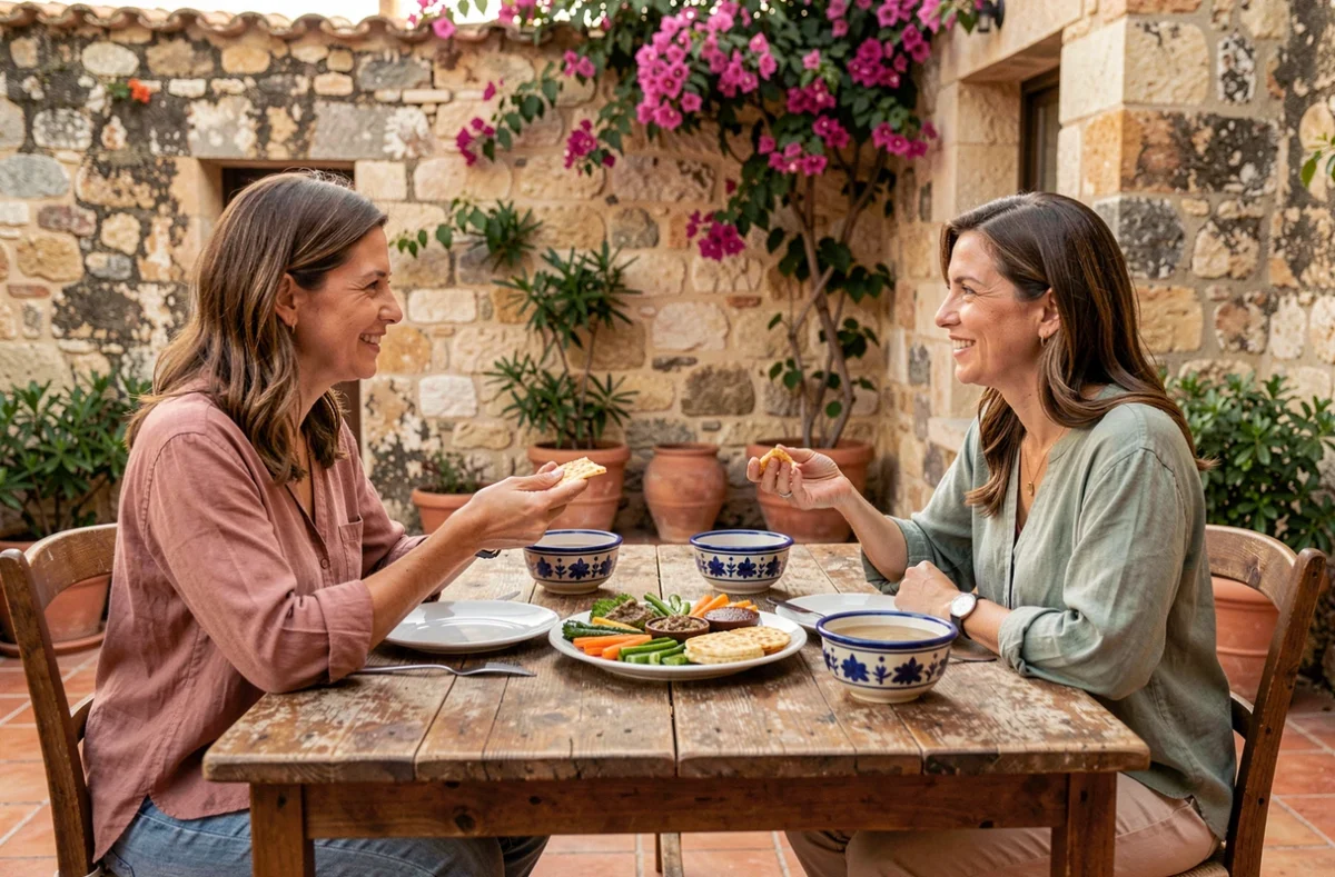 Deux femmes partageant un repas méditerranéen sain sur une terrasse provençale près d'Antibes