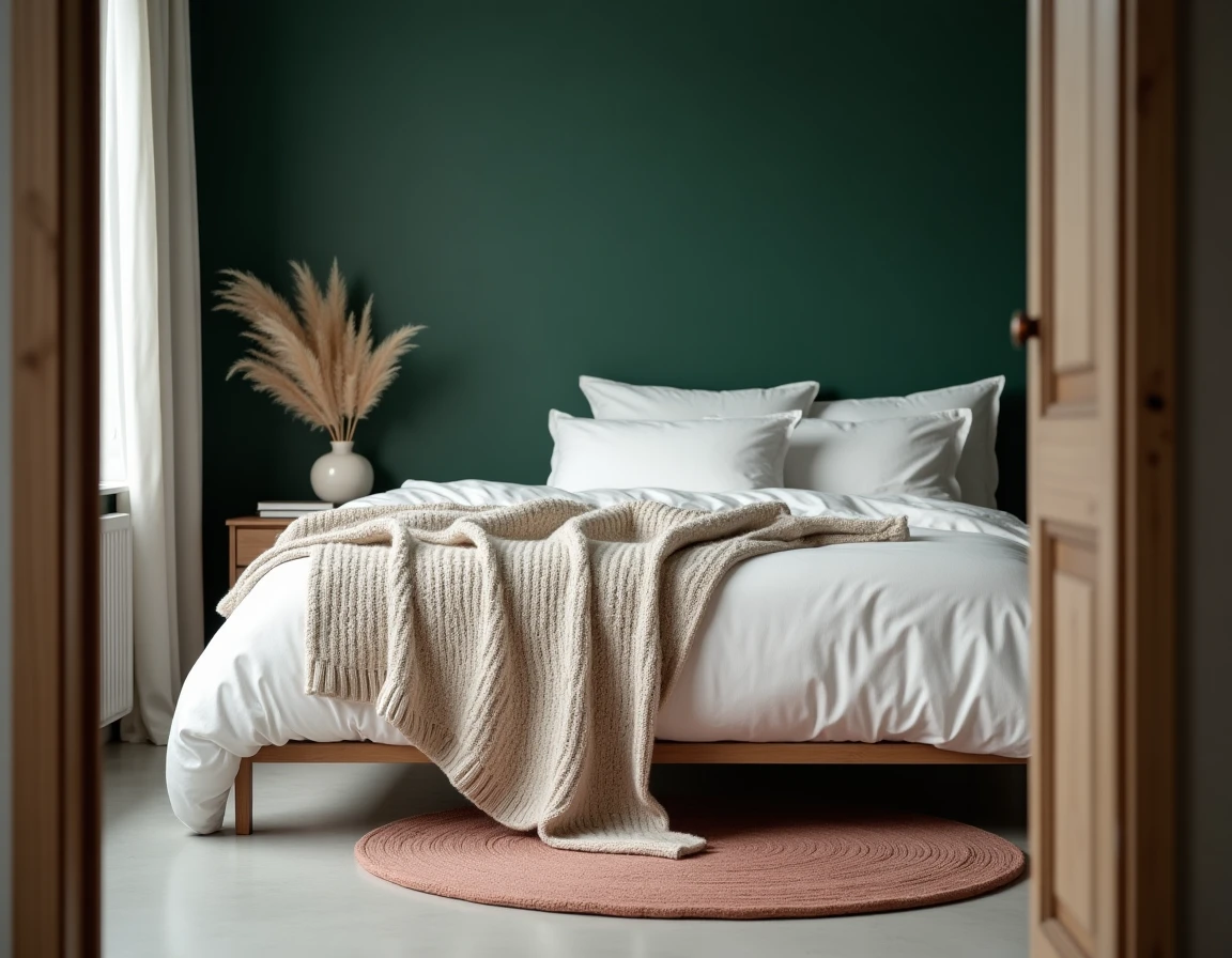Chambre de style scandinave avec literie blanche, mur vert forêt et décoration en bois clair pour un intérieur chaleureux et épuré