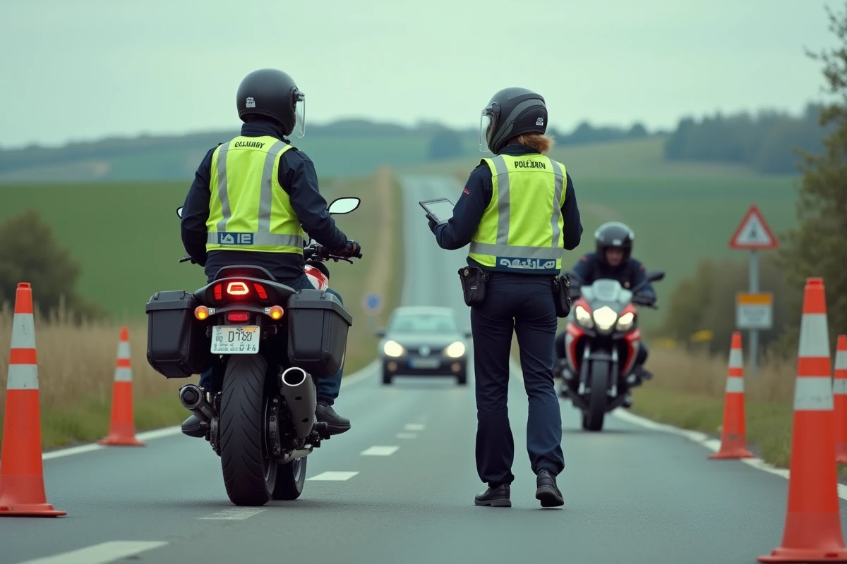 Checkpoint de police sur autoroute française avec contrôle des documents techniques des véhicules