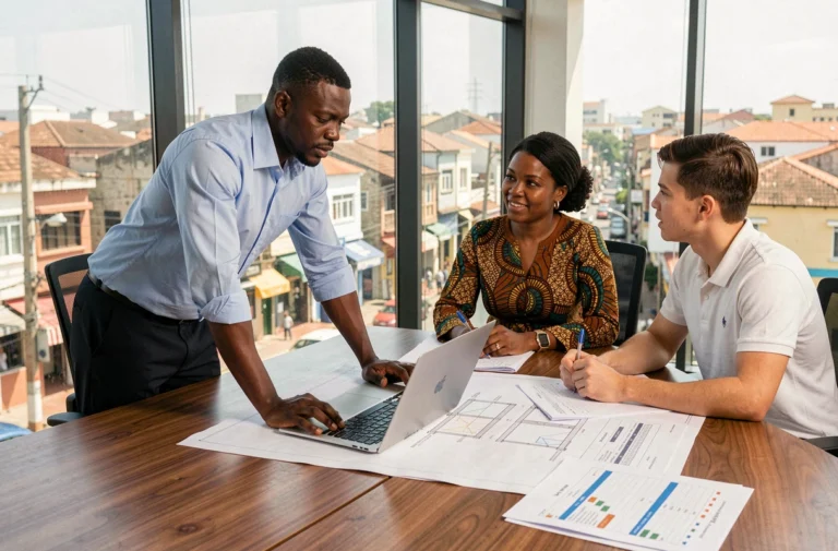 Équipe de professionnels africains collaborant autour de plans de projet dans un bureau moderne à Dakar