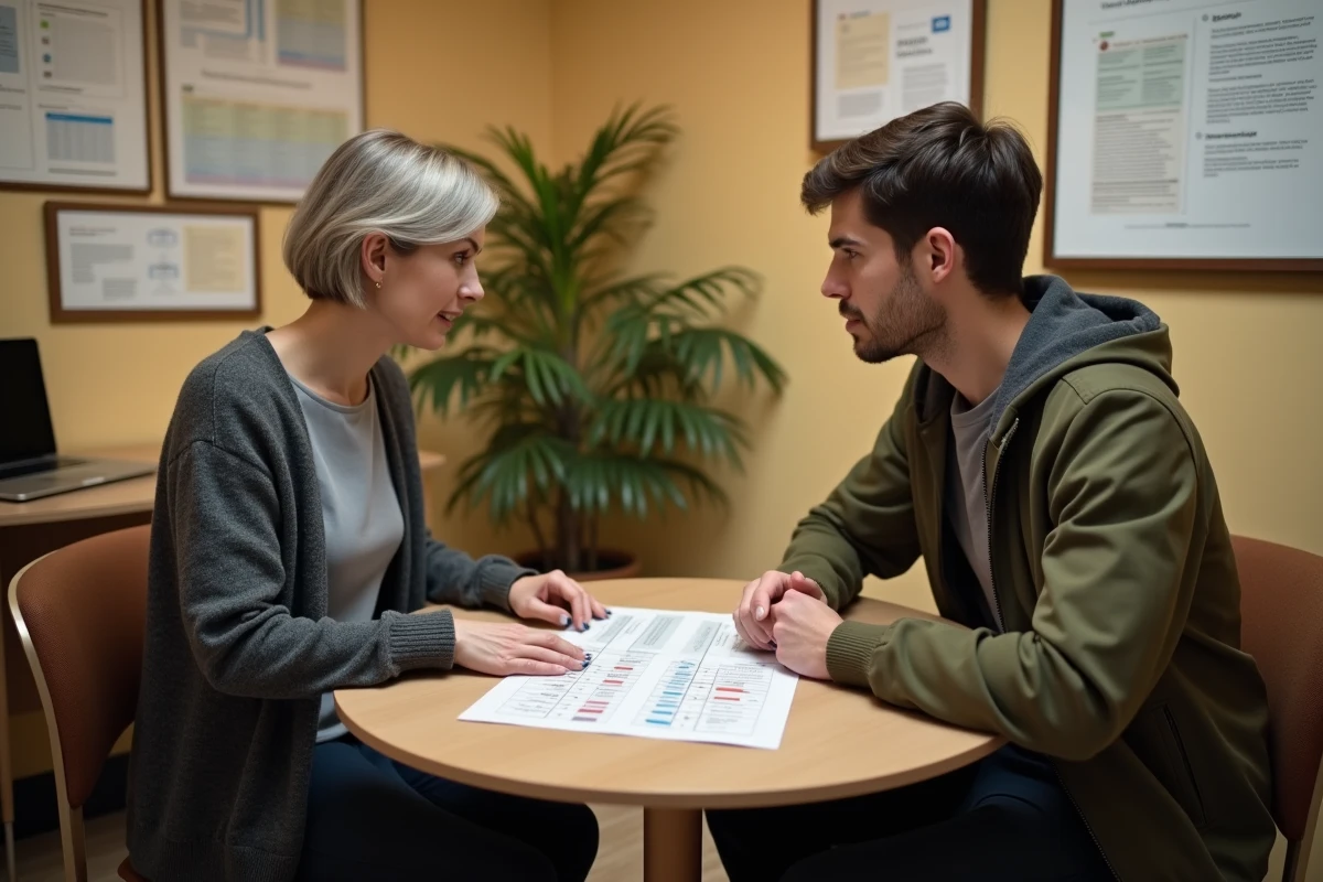 Conseillère d'orientation et étudiant comparant les parcours de titre professionnel et de licence professionnelle dans un centre de guidance professionnelle