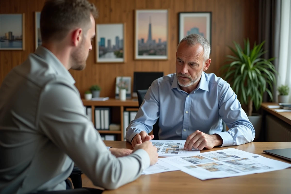 Client en consultation immobilière dans une agence avec plans et documents de propriété