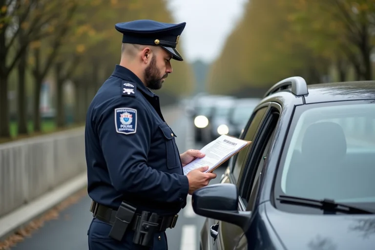Contrôle de police sur route en France : gendarme vérifiant le contrôle technique d'un véhicule
