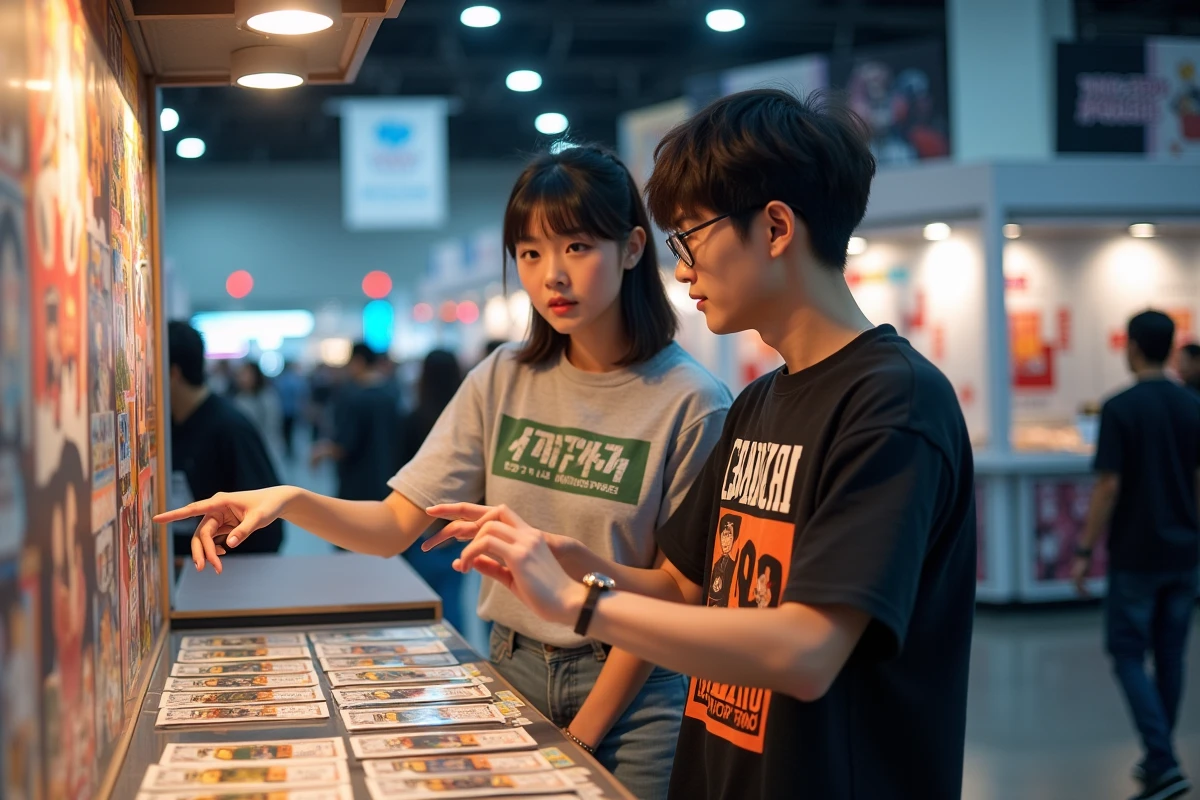 Deux jeunes fans de Bankai discutant de guides et d'actualités devant un stand de convention dédié à l'univers Bankai avec posters et cartes à collectionner