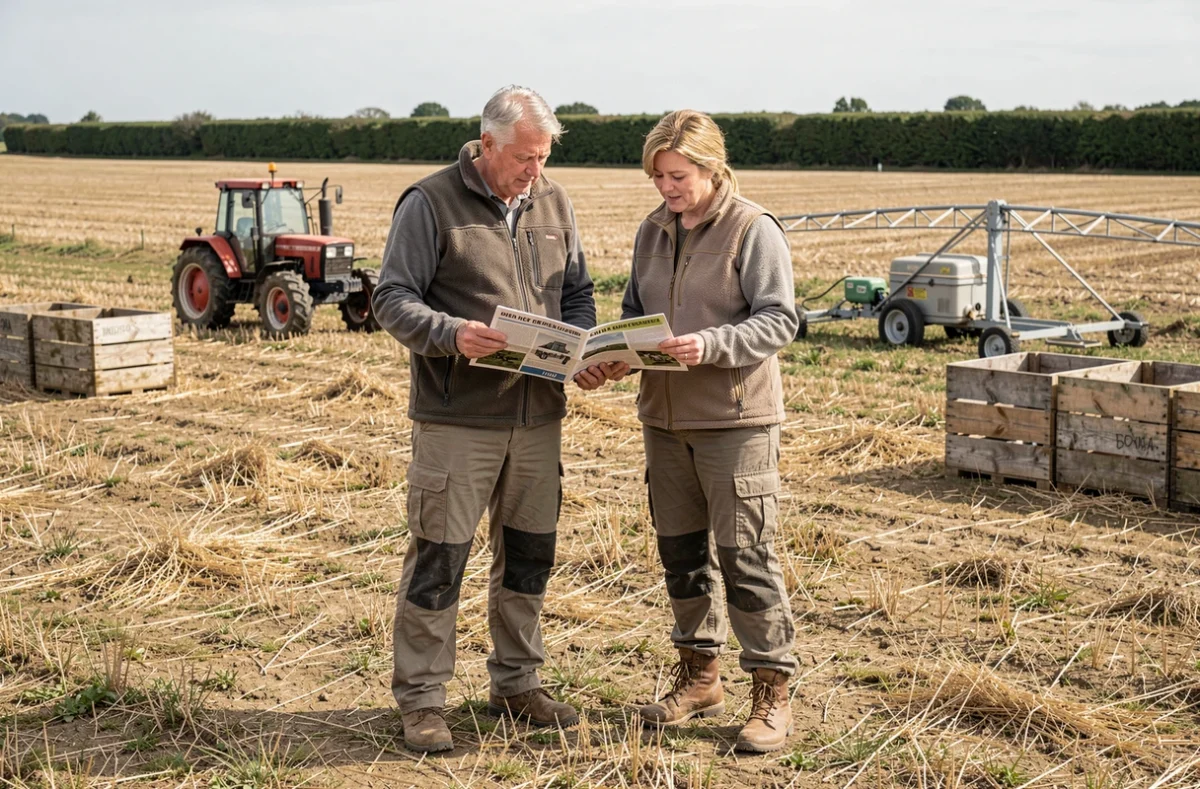 Couple de passionnés d'agriculture de loisir consultant un catalogue d'équipements agricoles dans un champ
