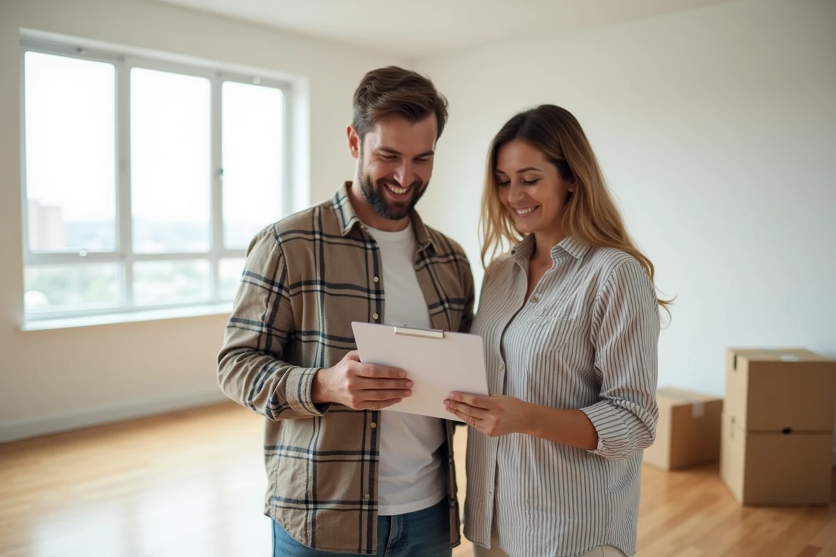 Couple souriant consultant une liste de contrôle de déménagement dans un appartement vide et lumineux