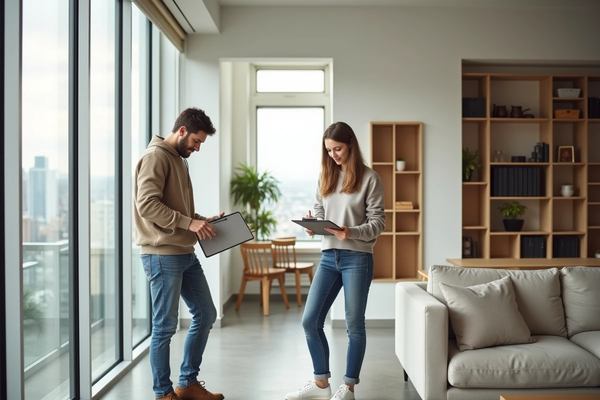 Jeune couple visitant un appartement moderne lumineux avec vue sur la ville