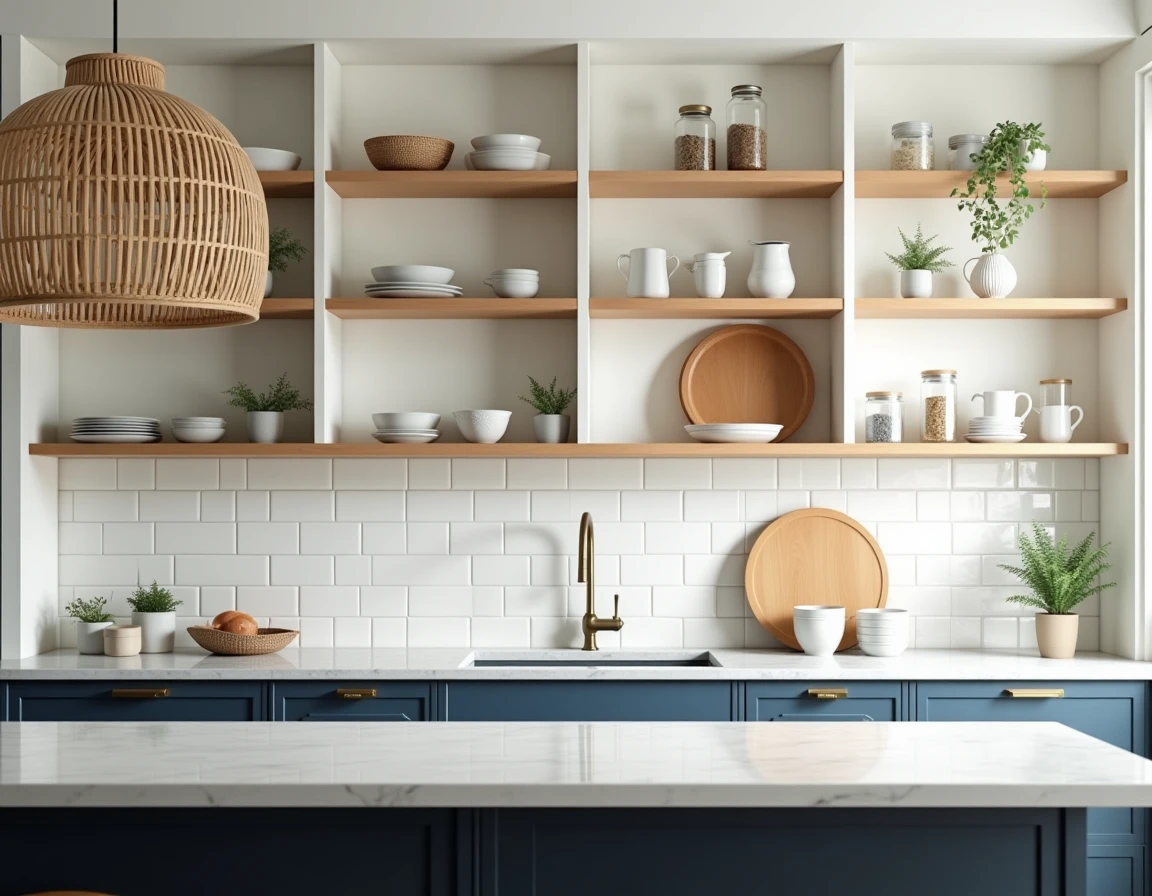 Cuisine rénovée avec style, plan de travail en marbre, étagères ouvertes décorées et îlot central marine avec accessoires dorés