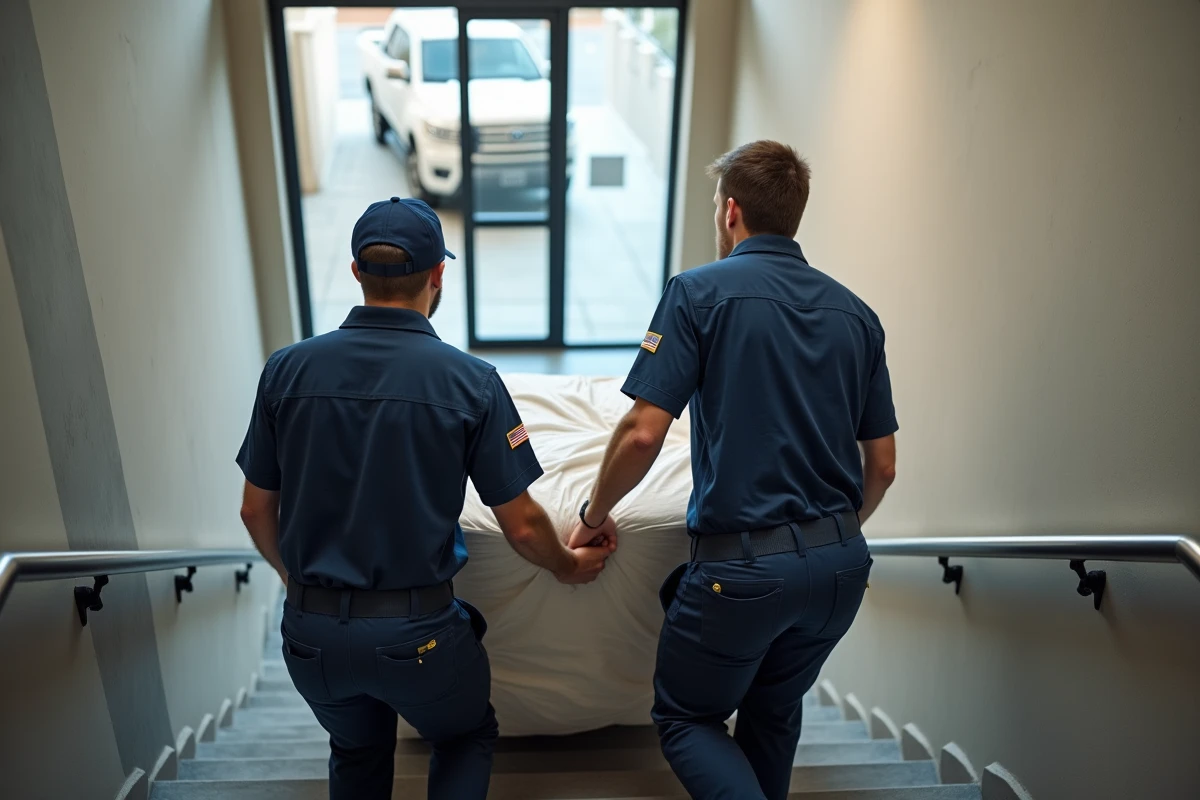 Deux déménageurs professionnels transportant un canapé emballé dans un escalier d'immeuble