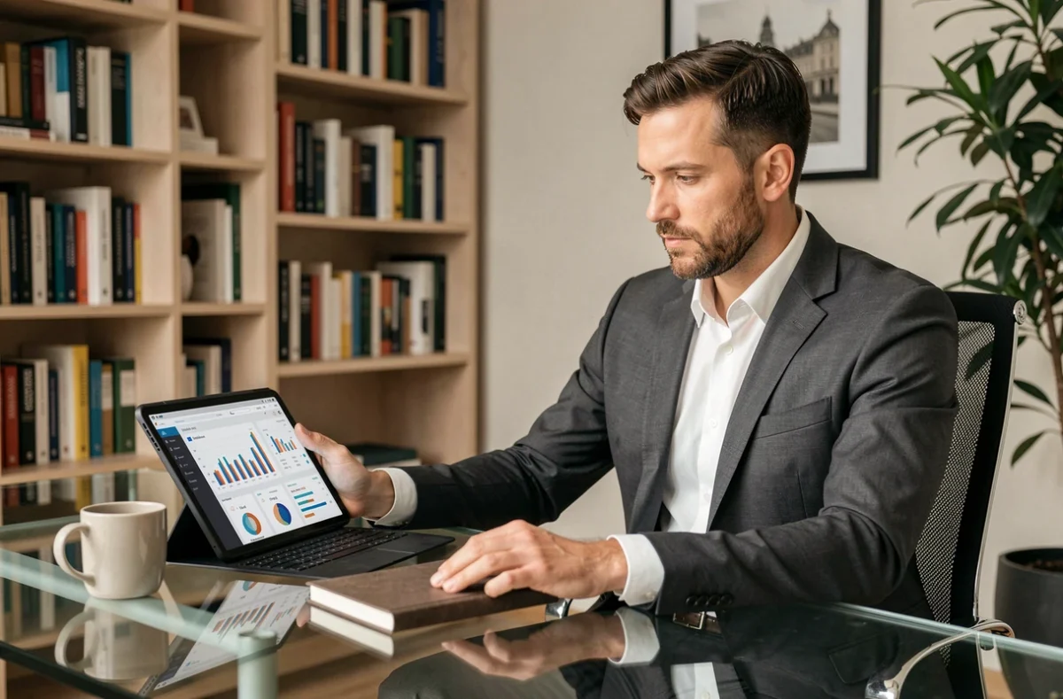 Dirigeant d'entreprise consultant une application de business intelligence sur tablette dans un bureau exécutif