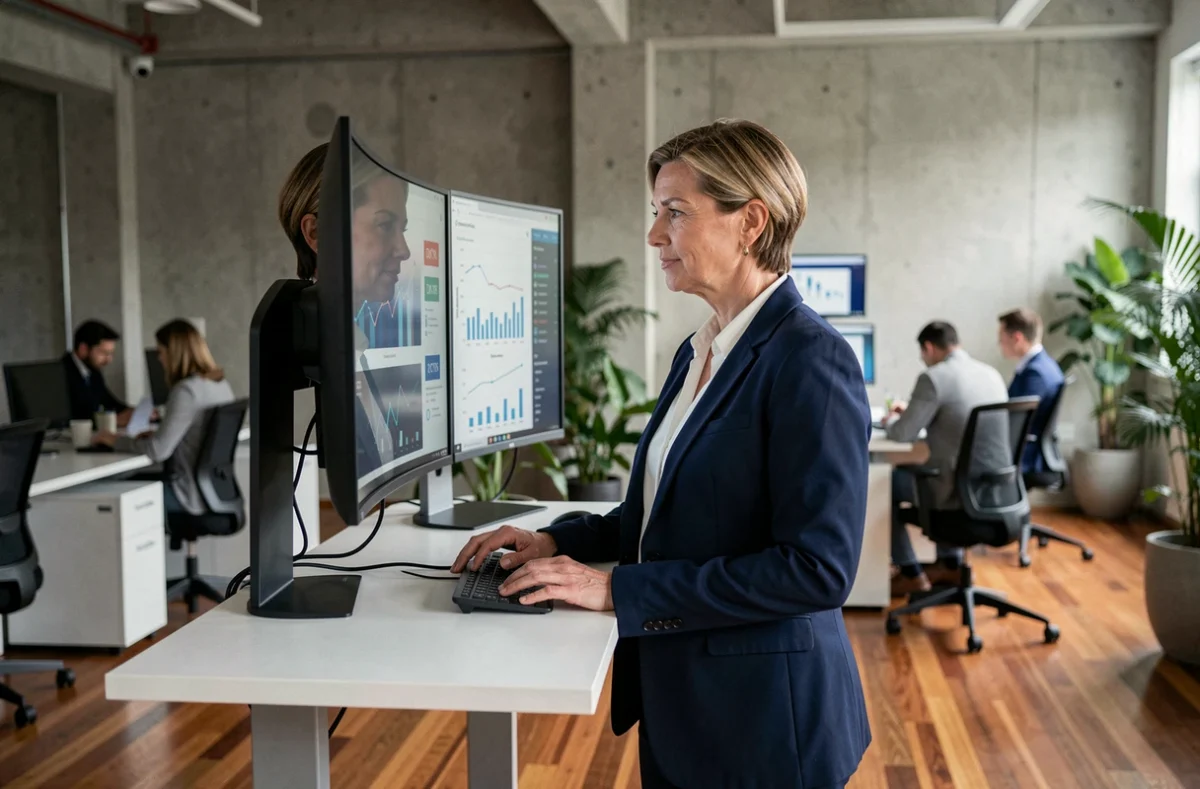 Femme dirigeante analysant des tableaux de bord de performance business dans un bureau moderne et innovant