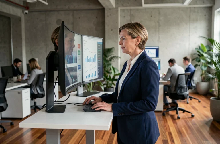 Femme dirigeante analysant des tableaux de bord de performance business dans un bureau moderne et innovant