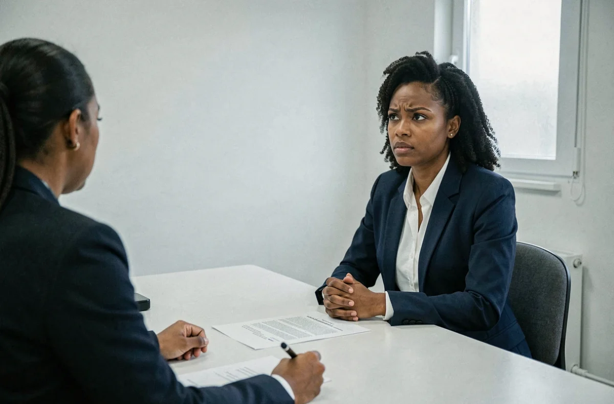 Jeune femme lors d'un entretien d'embauche symbolisant les discriminations à l'emploi et les inégalités d'accès au travail en France