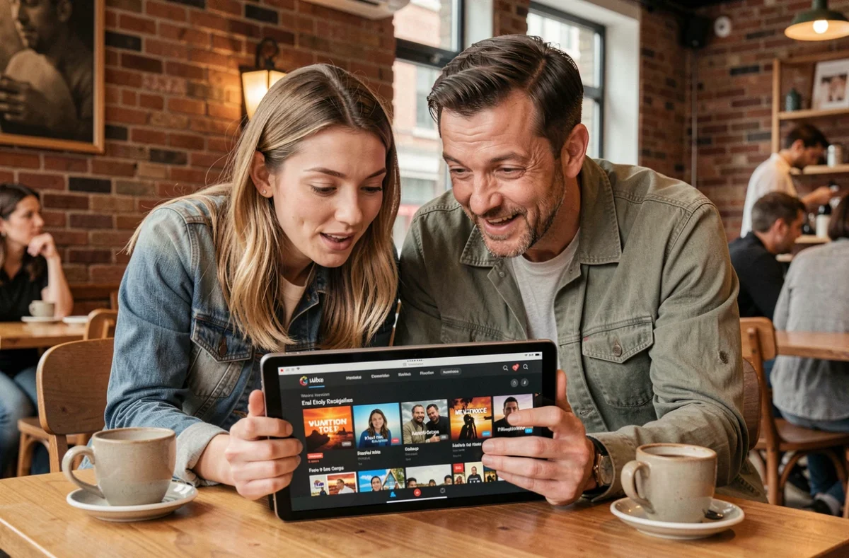 Deux personnes découvrant ensemble la nouvelle adresse de Fanstream sur une tablette dans un café