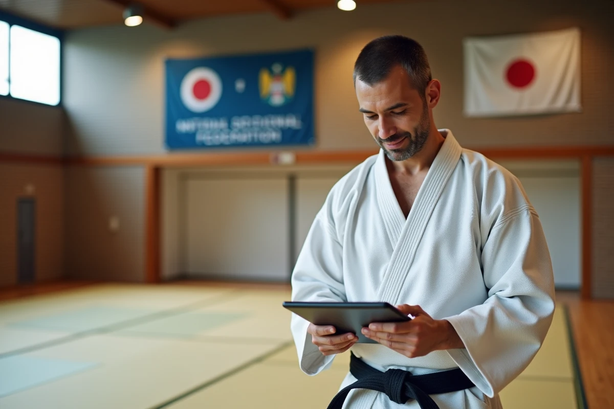 Enseignant de judo en judogi consultant l'extranet fédéral sur une tablette au bord du tatami