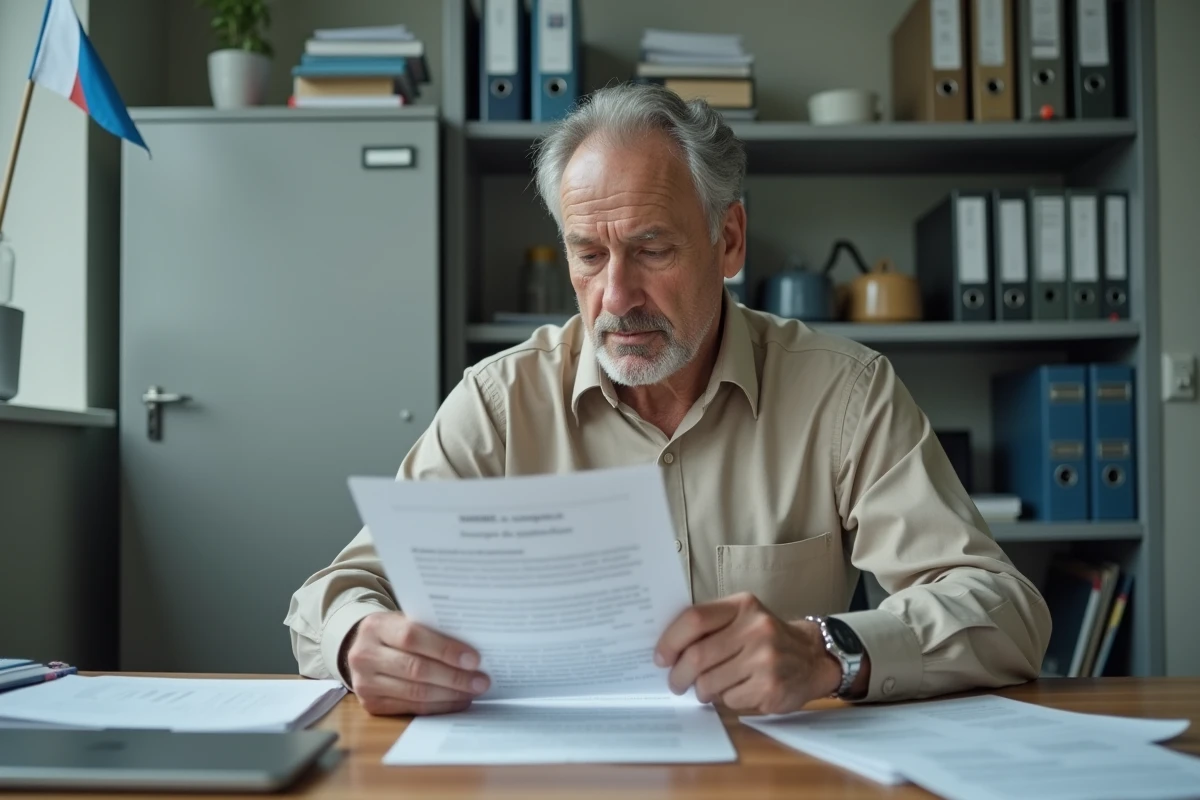 Enseignant du privé consultant un contrat administratif dans un bureau scolaire, représentant les démarches liées au statut des professeurs sous contrat d'association