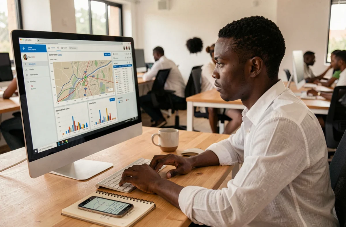 Jeune entrepreneur ivoirien analysant des données de projet sur ordinateur dans un espace de co-working à Abidjan