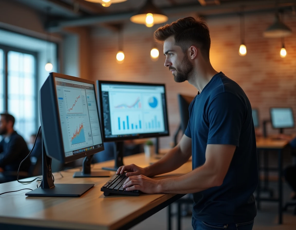 Entrepreneur masculin travaillant sur des tableaux de bord analytiques dans un espace de coworking moderne pour développer son business en ligne