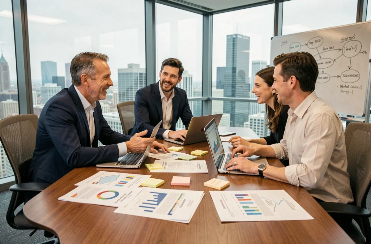 Équipe de professionnels en réunion de brainstorming autour d'une stratégie d'innovation business