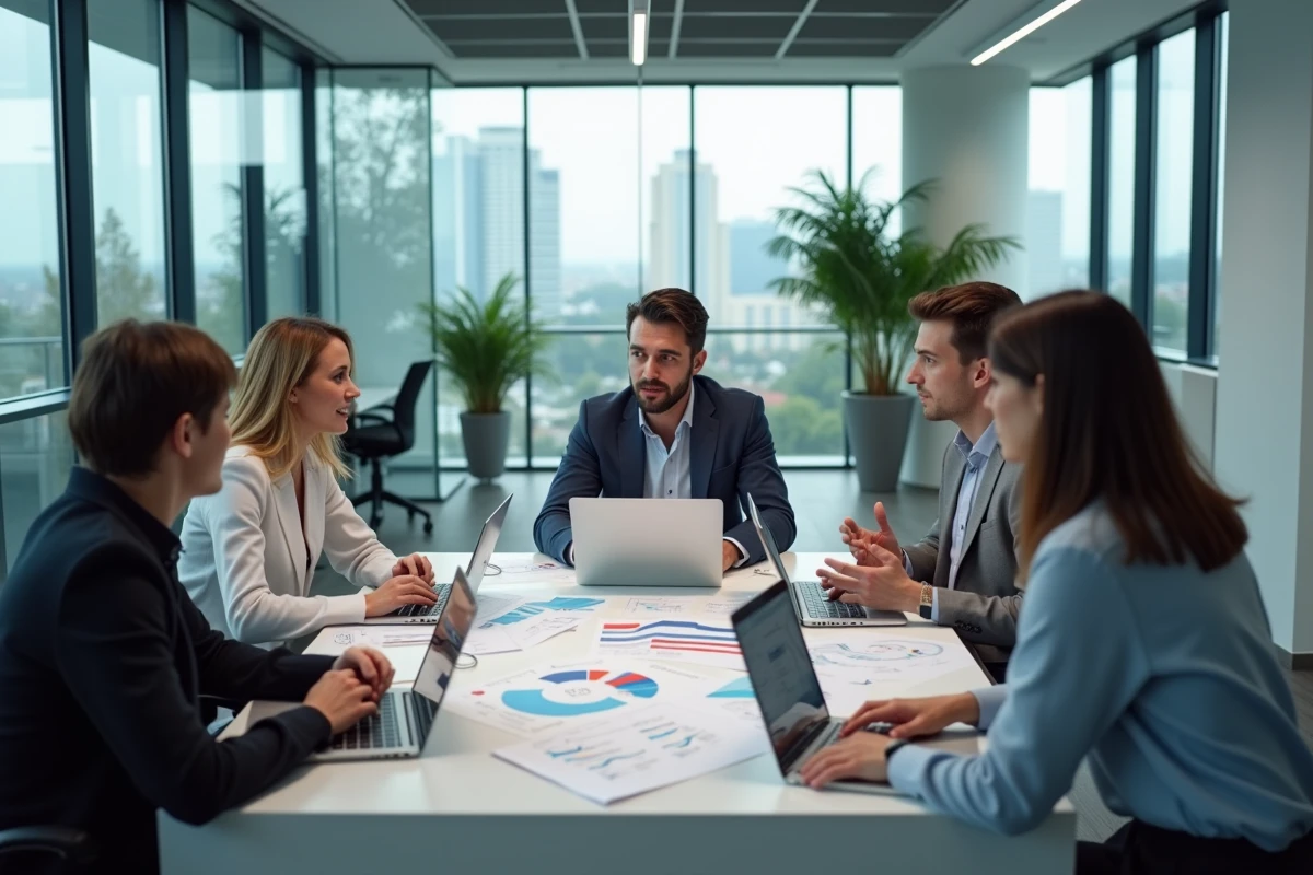 Équipe multiculturelle en réunion de travail analysant des tendances et données sociétales contemporaines