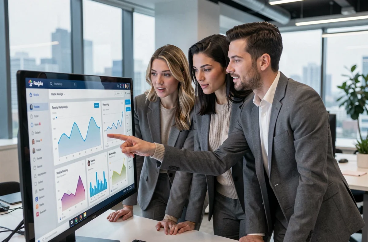 Équipe de collègues analysant les tendances et actualités du web sur un grand écran dans un bureau moderne
