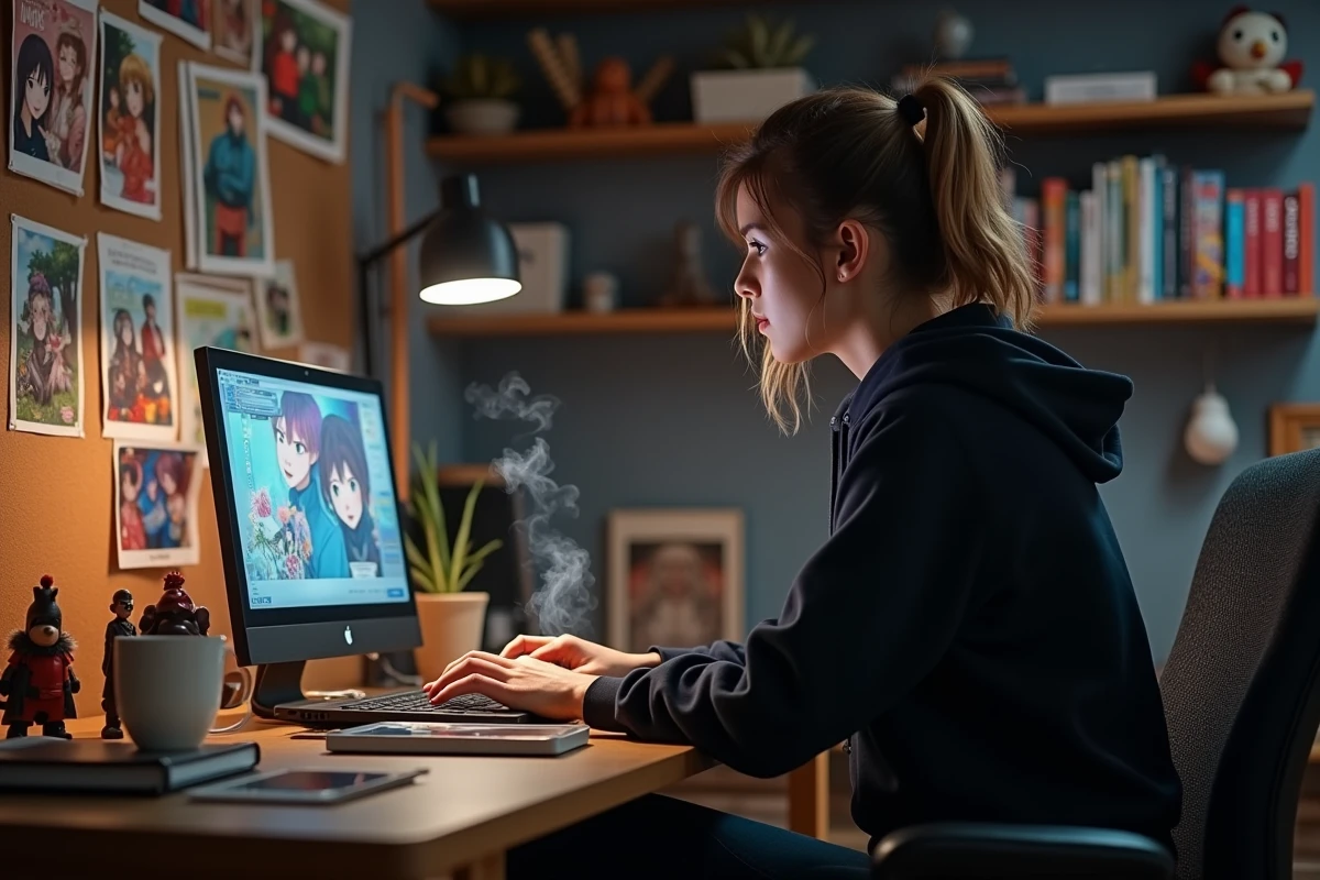 Femme passionnée d'anime consultant des actualités et astuces sur l'univers Bankai depuis son bureau à la maison entouré de figurines et mangas