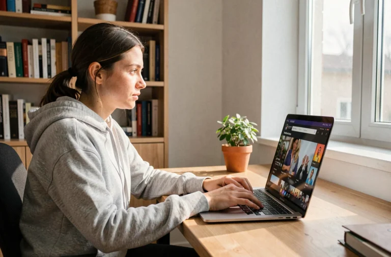 Jeune femme accédant à une plateforme de streaming en ligne sur son ordinateur portable depuis son bureau à domicile