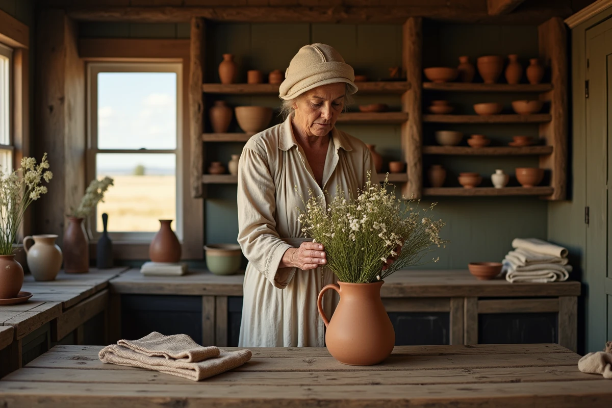Femme âgée disposant des fleurs dans une cuisine chaleureuse