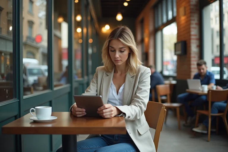 Femme dans un café moderne consultant les actualités et tendances sociétales sur une tablette numérique