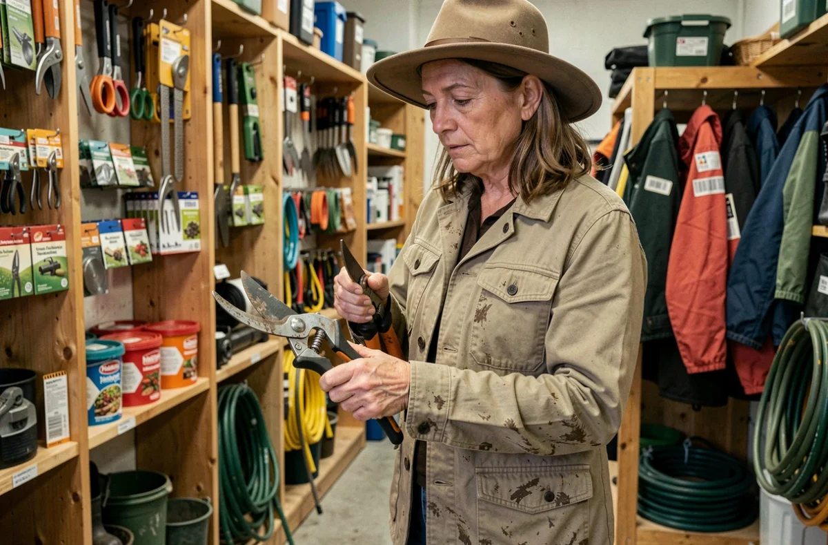 Femme choisissant des outils de jardinage agricole dans un magasin spécialisé, sécateurs et équipements horticoles