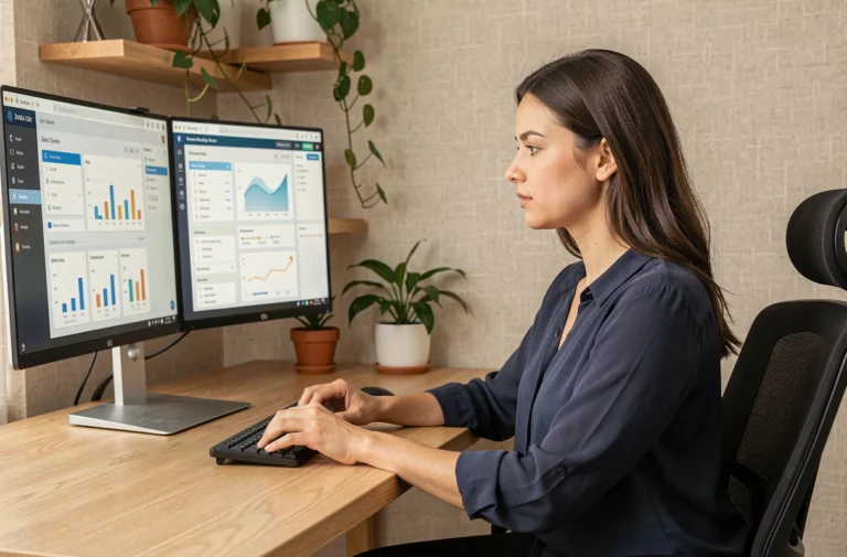 Femme professionnelle configurant un tableau de bord de productivité sur double écran dans un bureau home office moderne