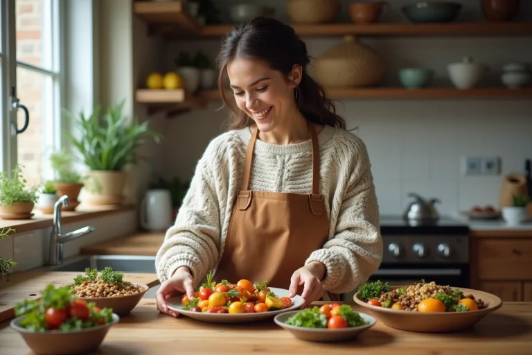 Femme souriante en cuisine avec légumes colorés et grains