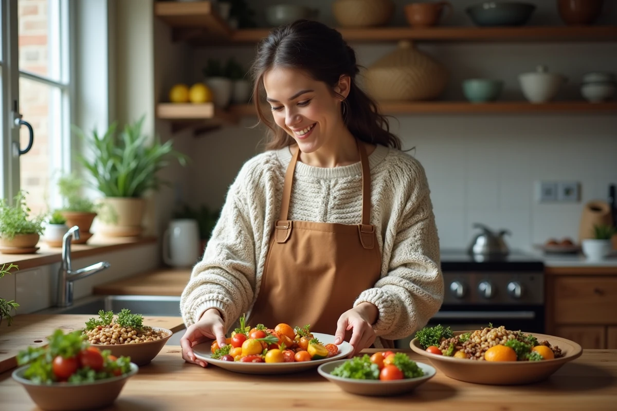 Femme souriante en cuisine avec légumes colorés et grains