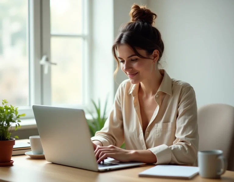 Femme entrepreneur travaillant sur son ordinateur portable dans un bureau à domicile moderne pour lancer son activité en ligne