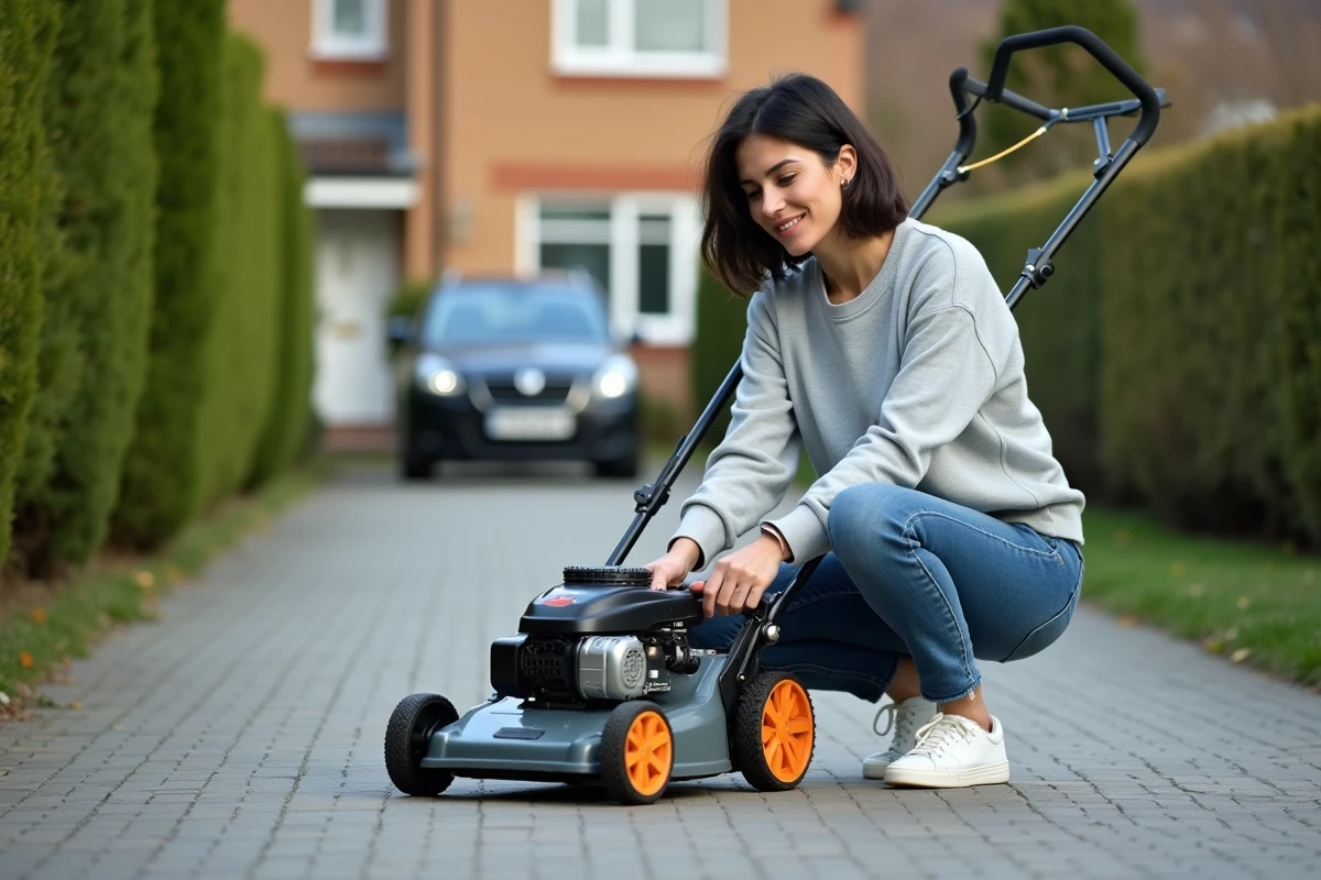 Femme en jeans manipulant une tondeuse à essence pour l