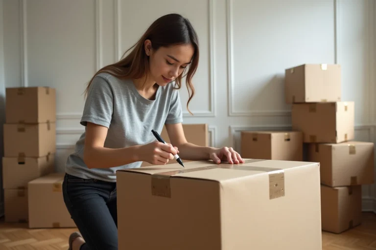 Femme organisant des cartons de déménagement étiquetés dans un salon à moitié vidé
