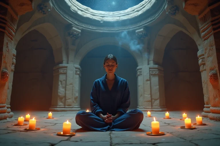 Femme en méditation entourée de sept bougies dans un temple en pierre symbolisant les sept mondes spirituels
