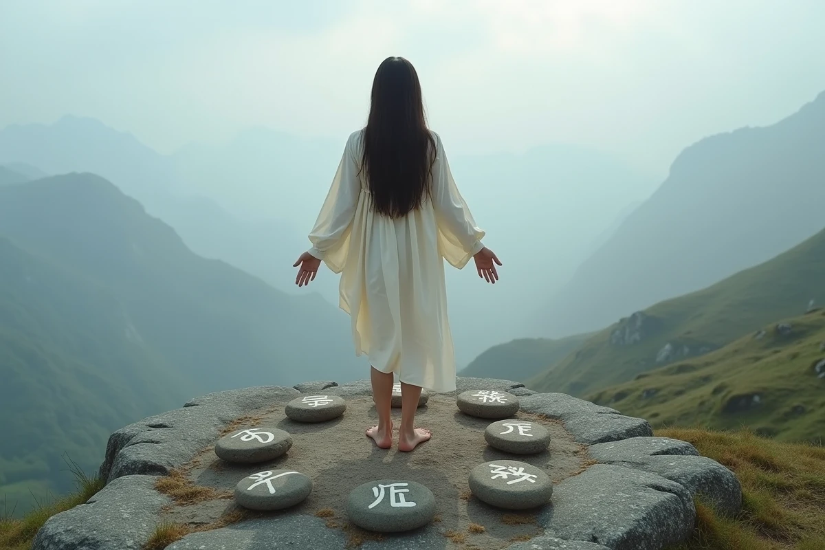 Jeune femme au sommet d'une montagne brumeuse entourée de sept pierres gravées symbolisant les plans spirituels