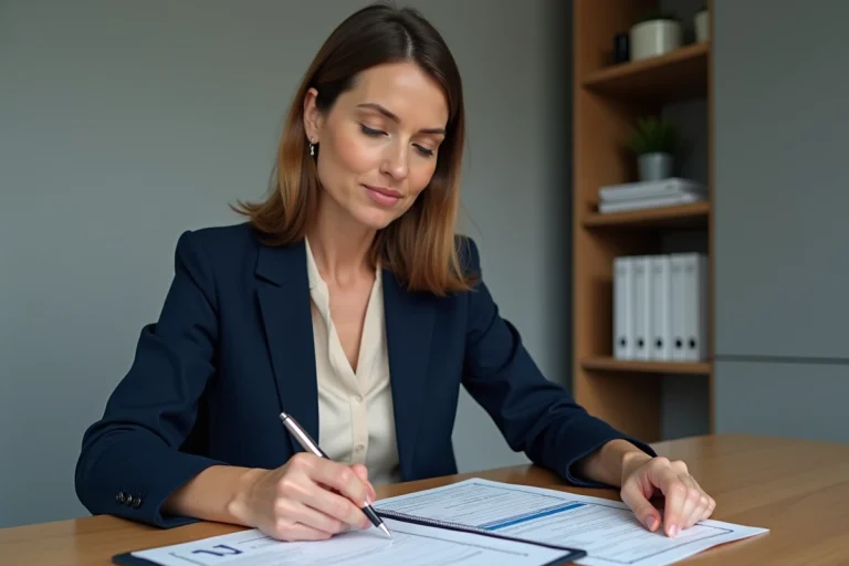 Femme professionnelle examinant des documents de certification et de licence professionnelle dans un bureau administratif français