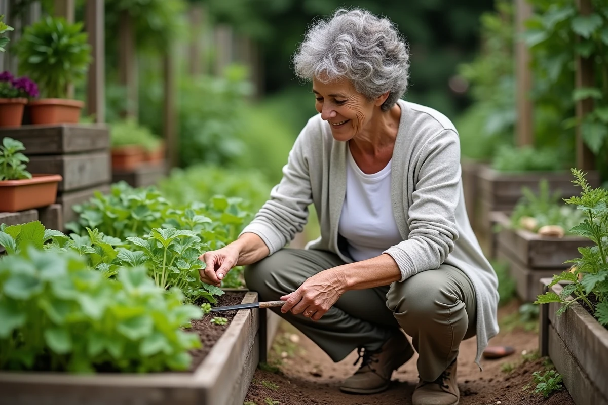 Femme retraitée jardant dans son potager avec soin, symbolisant les activités épanouissantes à la retraite