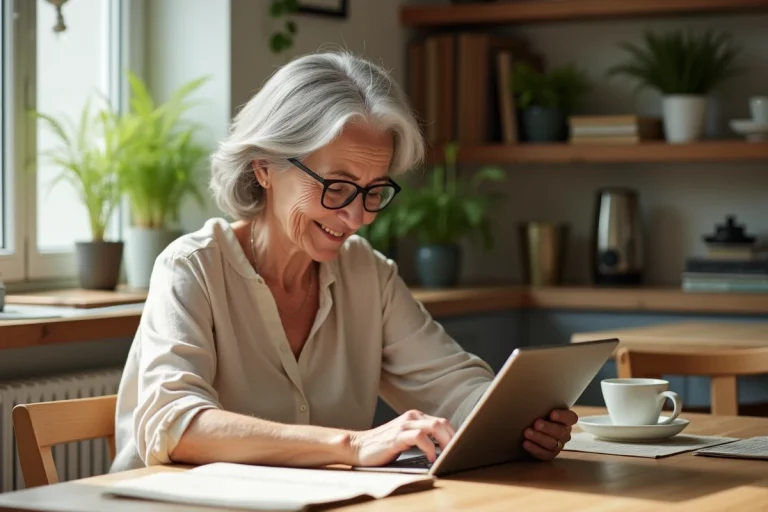 Femme retraitée souriante consultant une tablette dans sa cuisine, illustrant la vie quotidienne à la retraite