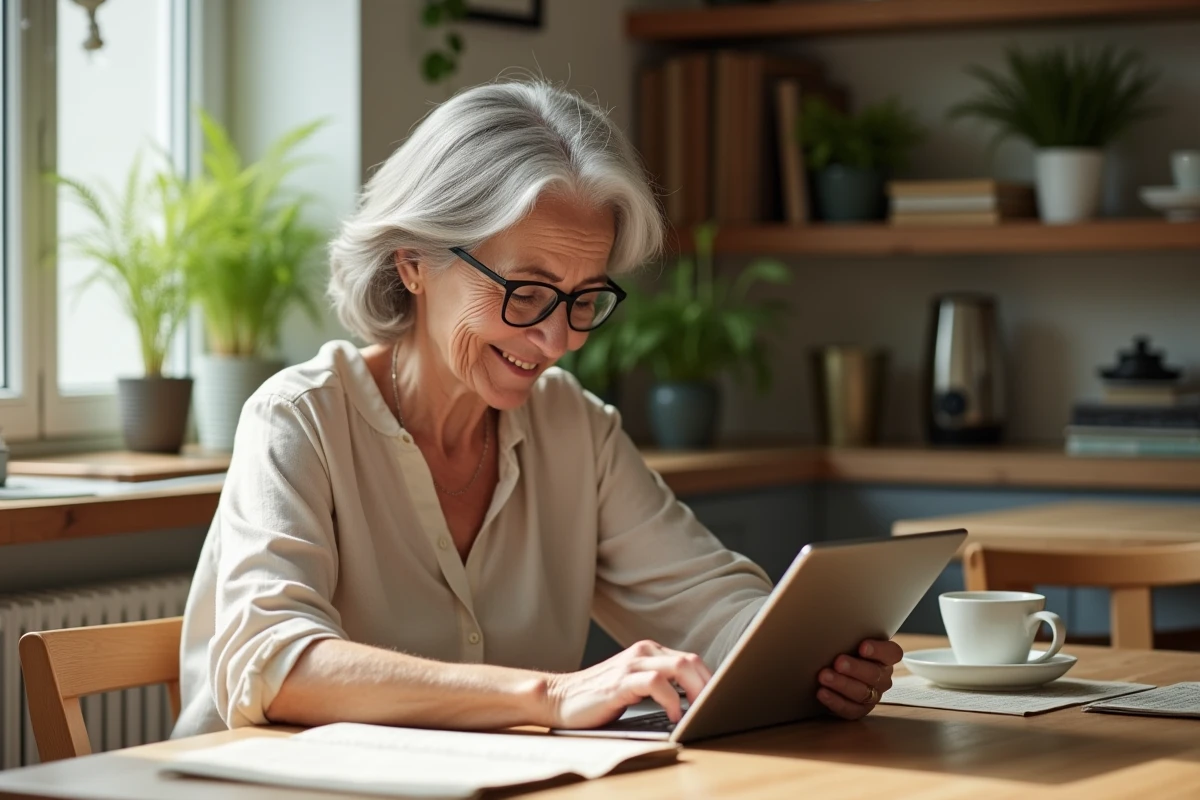 Femme retraitée souriante consultant une tablette dans sa cuisine, illustrant la vie quotidienne à la retraite