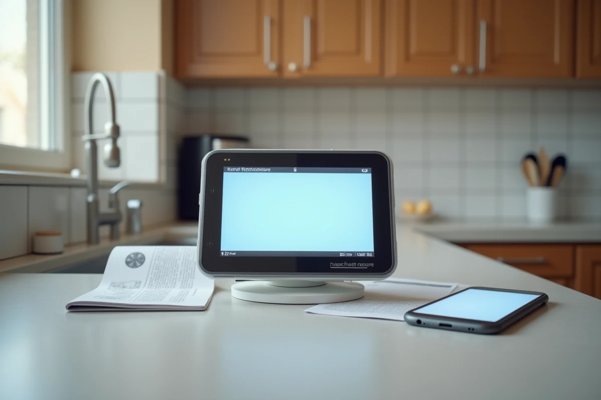 Station météo La Crosse Technology avec écran d'erreur, manuel et smartphone montrant une procédure de réinitialisation sur un comptoir de cuisine