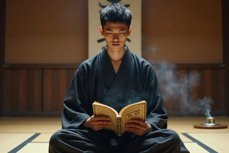 Jeune homme en kimono traditionnel japonais lisant un guide sur l'univers Bankai dans un dojo en bois minimaliste