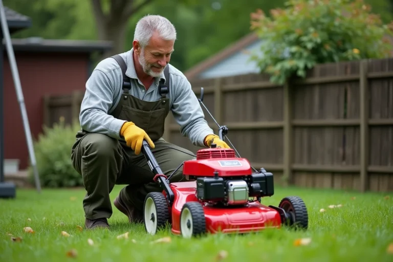 Homme en salopette inspectant une tondeuse à gazoline dans son jardin