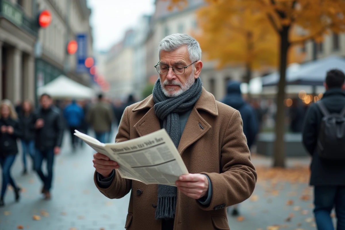 Homme lisant un journal dans une place publique urbaine reflétant les actualités et transformations de la société