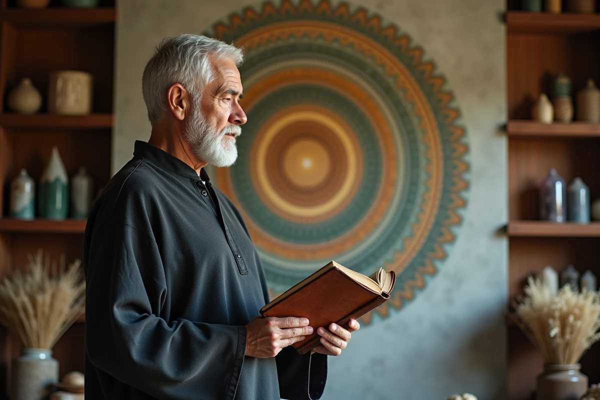 Vieil homme tenant un journal devant un mandala aux sept cercles représentant les mondes spirituels